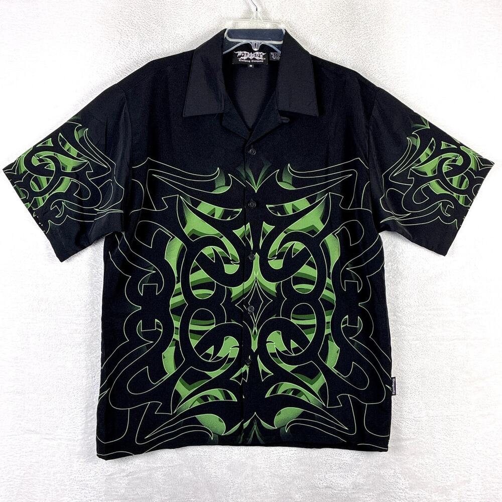 VTG Dragonfly Roadhouse Shirt Mens M Black Green Tribal Loop Collar Rockabilly